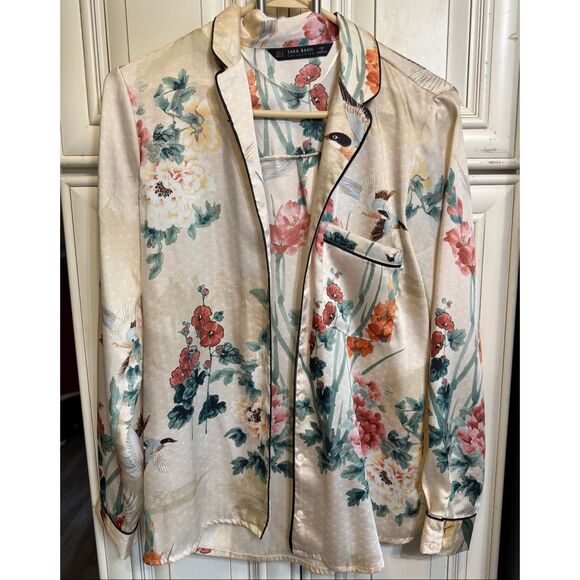 Zara Women's Oriental Japanese Garden Floral Print Satin Shirt Multicolor Small - Picture 1 of 15
